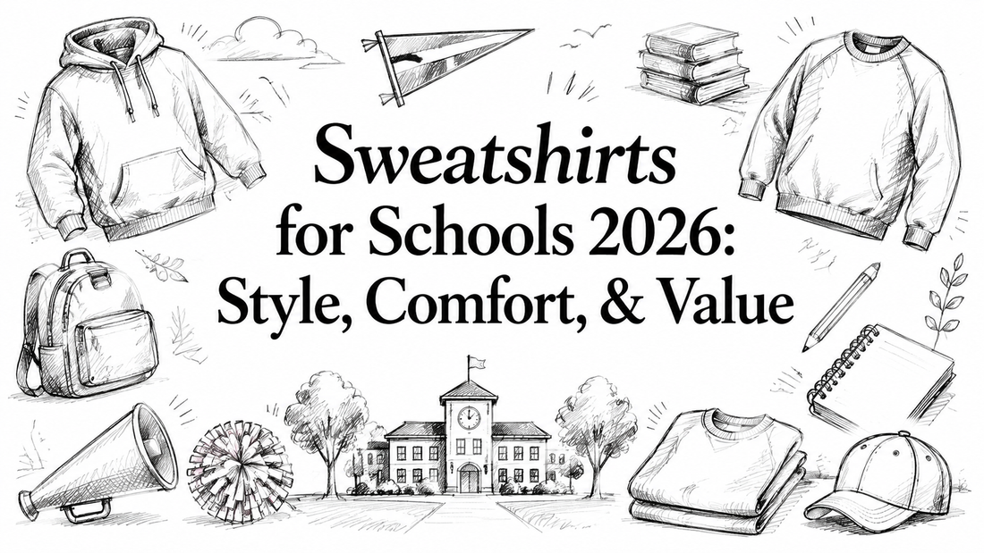 A hand-drawn illustration featuring various school-related items, including sweatshirts, a backpack, a megaphone, a cheerleading pom-pom, a notebook, and a cap, surrounding the text "Sweatshirts for Schools 2026: Style, Comfort, & Value.