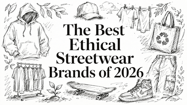 A hand-drawn illustration featuring a hoodie, t-shirt, skateboard, sneakers, and a tote bag with a recycling symbol, surrounded by leaves, highlighting the theme of ethical streetwear brands for 2026.