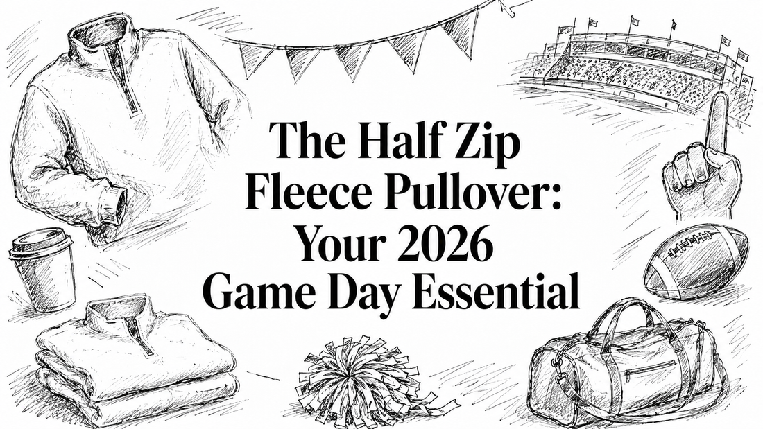 A sketched layout featuring a half zip fleece pullover, a coffee cup, a duffel bag, a cheerleading pom-pom, a football, and a stadium backdrop, all surrounding the title about the pullover as a game day essential for 2026.