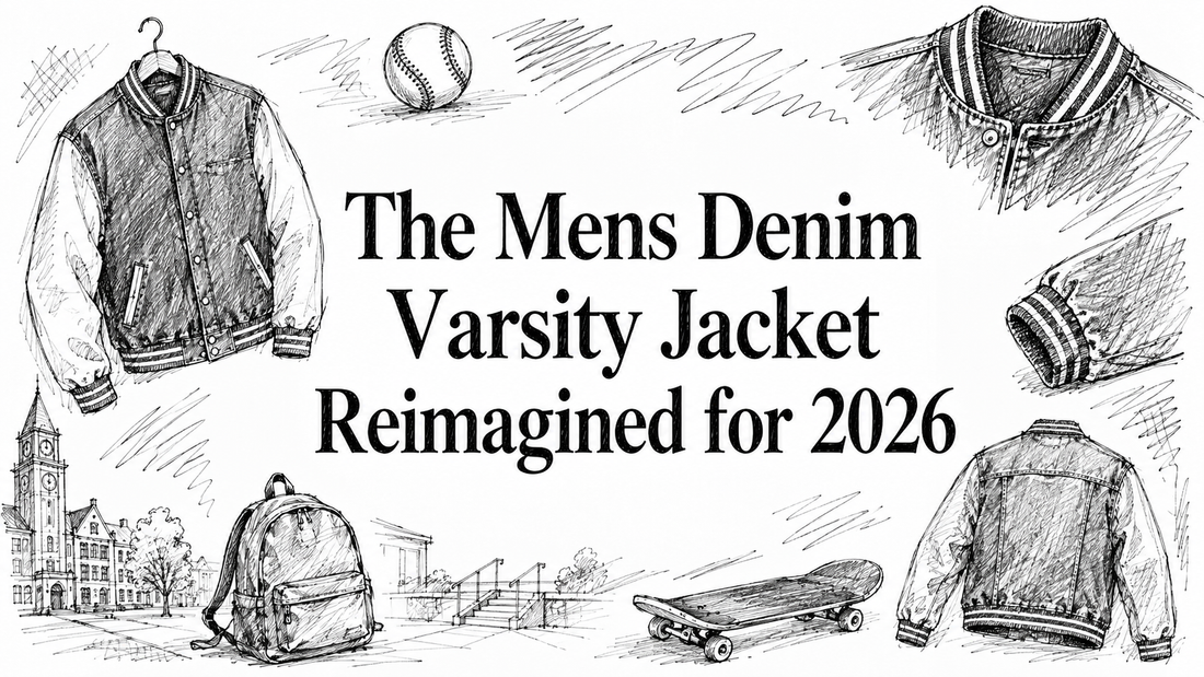 A stylish sketch of a men's denim varsity jacket, featuring various angles and details, alongside a backpack, a baseball, and a school building, highlighting a modern reimagining for 2026.