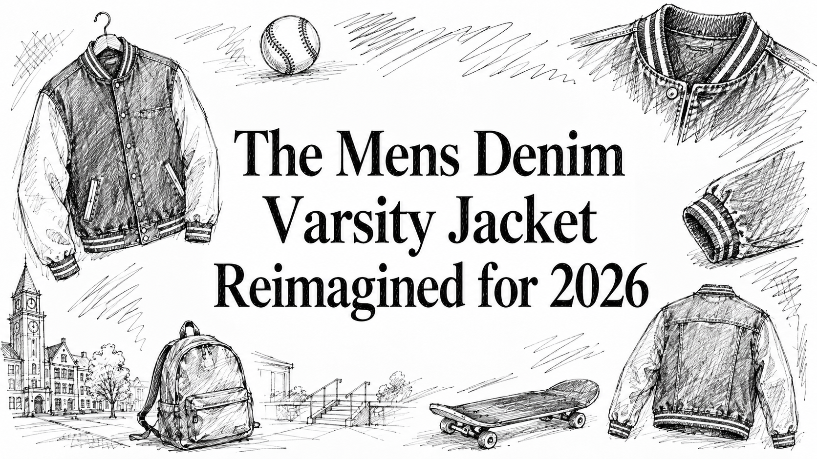 A stylish sketch of a men's denim varsity jacket, featuring various angles and details, alongside a backpack, a baseball, and a school building, highlighting a modern reimagining for 2026.