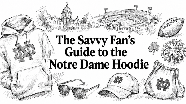 A sketched layout featuring a Notre Dame hoodie, sunglasses, a football, a cheerleader's pom-pom, a four-leaf clover, the Notre Dame stadium, and the university's iconic dome, all surrounding the title of the blog section.