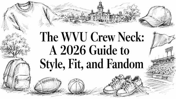 A hand-drawn illustration featuring a WVU crew neck sweatshirt, athletic gear, and campus landmarks, highlighting themes of style, fit, and fandom for the 2026 guide.