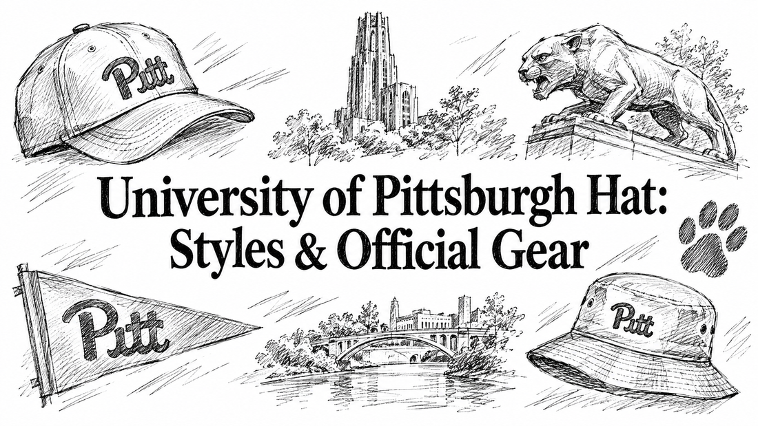 Illustrations of various University of Pittsburgh hats, including a baseball cap and bucket hat, alongside iconic campus landmarks and the university's logo, emphasizing styles and official gear.