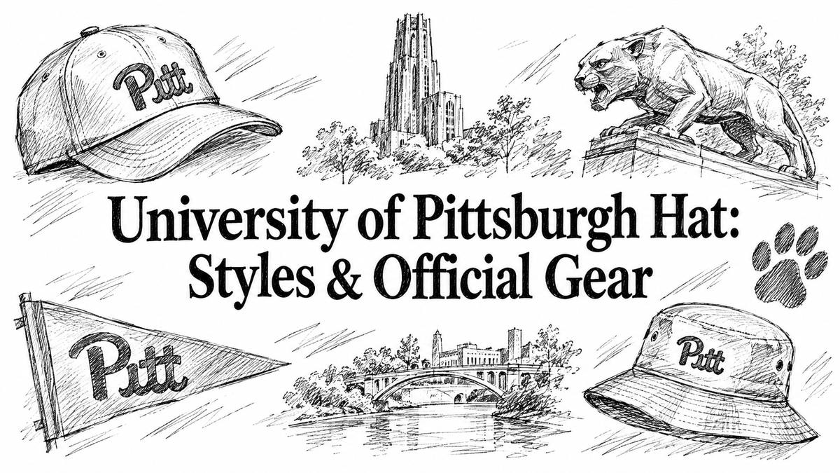 Illustrations of various University of Pittsburgh hats, including a baseball cap and bucket hat, alongside iconic campus landmarks and the university's logo, emphasizing styles and official gear.