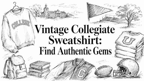 A hand-drawn illustration featuring a vintage collegiate sweatshirt, a backpack, books, stacked sweatshirts, a football helmet, and a sports field with a flag, all set against a backdrop of a university building and trees.