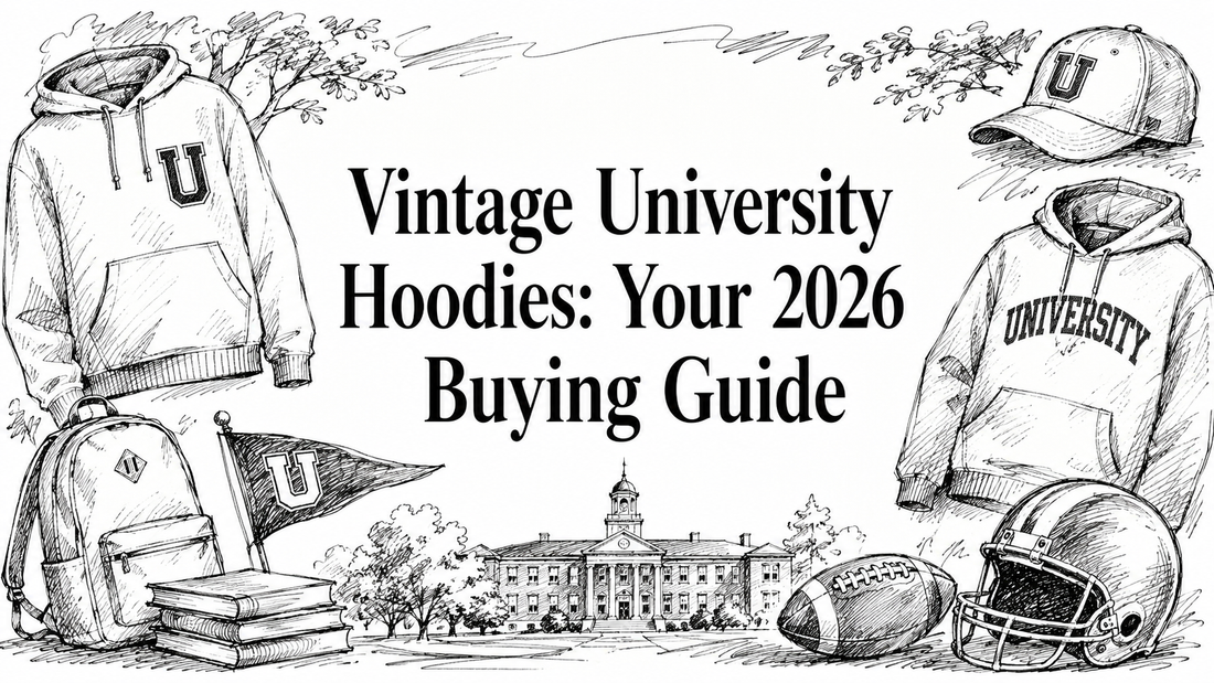 A vintage-style illustration featuring two hoodies, a cap, a backpack, books, and a football helmet, with a university building in the background, highlighting a buying guide for vintage university hoodies in 2026.