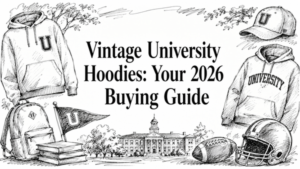 A vintage-style illustration featuring two hoodies, a cap, a backpack, books, and a football helmet, with a university building in the background, highlighting a buying guide for vintage university hoodies in 2026.
