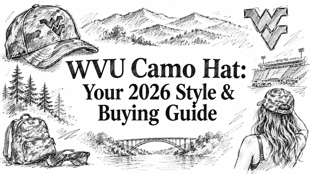 A sketched design featuring a WVU camo hat, mountains, trees, a backpack, and a bridge, with the text "WVU Camo Hat: Your 2026 Style & Buying Guide" prominently displayed.