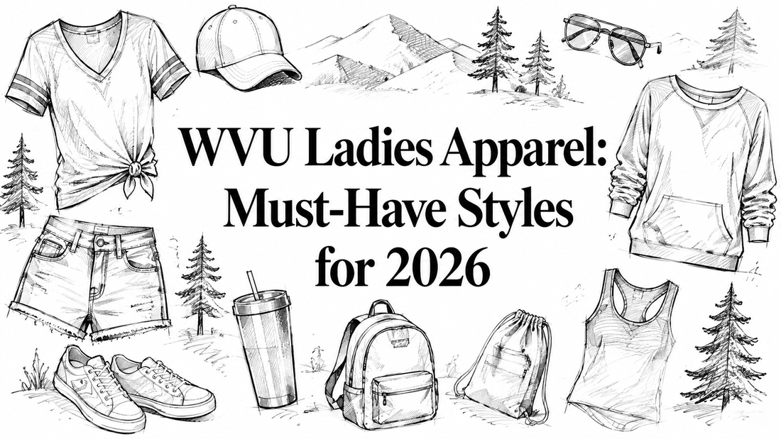 A collection of hand-drawn illustrations featuring various WVU ladies apparel items, including a t-shirt, shorts, a cap, sunglasses, a sweatshirt, a water bottle, sneakers, and a backpack, set against a mountainous background.