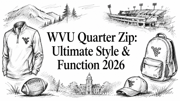 A sketched illustration featuring a WVU quarter zip sweatshirt, a football, a backpack, and a stadium, with the text "WVU Quarter Zip: Ultimate Style & Function 2026" prominently displayed in the center.