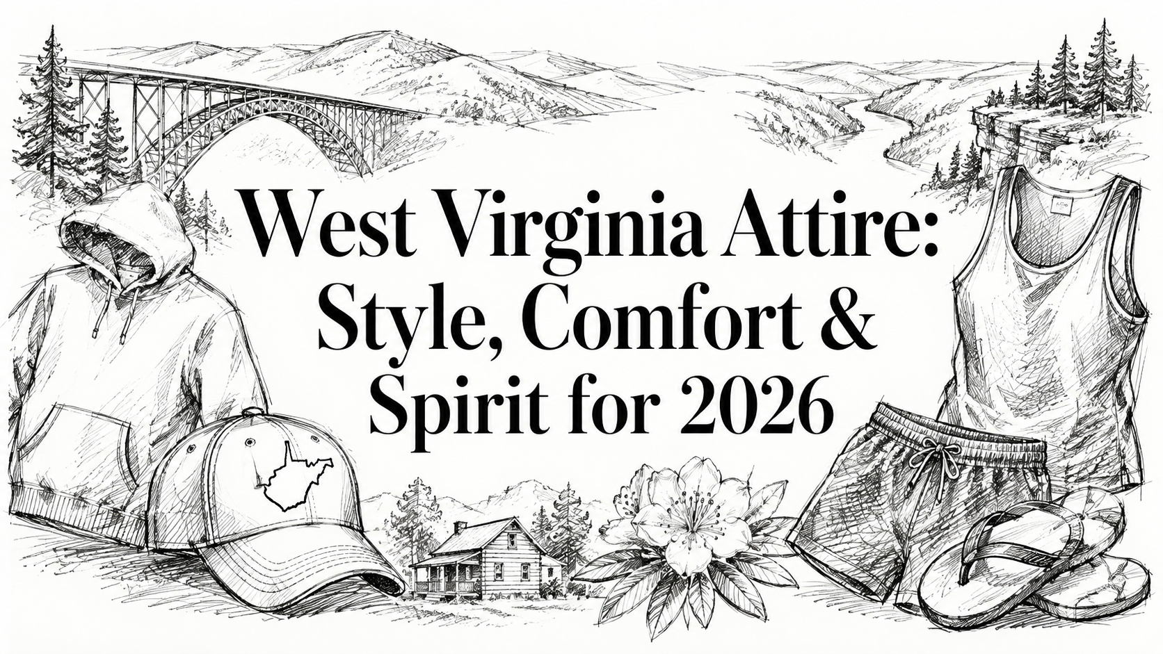 The image features a sketched design showcasing various West Virginia attire, including a cap, tank top, shorts, and sandals, alongside a floral element and a scenic bridge in the background, all emphasizing style and comfort for 2026.