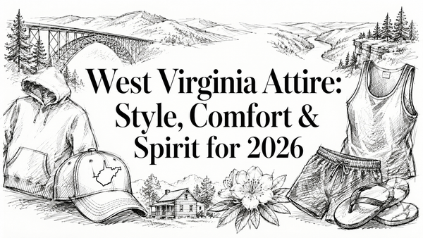 The image features a sketched design showcasing various West Virginia attire, including a cap, tank top, shorts, and sandals, alongside a floral element and a scenic bridge in the background, all emphasizing style and comfort for 2026.
