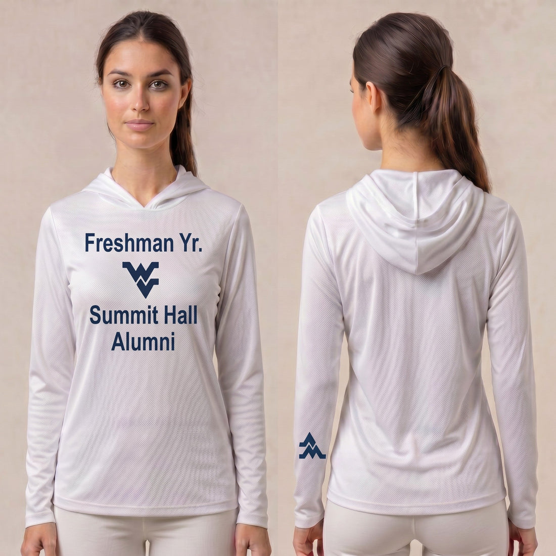 Licensed WVU White Cooling Performance Hooded Long Sleeve Tee (Women’sUnisex) | “Freshman Yr. Summit Hall Alumni” | SpringSummer Collection | Sassy Foot Fashion