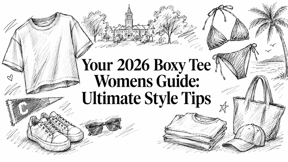 A hand-drawn illustration featuring a boxy tee, bikini, sneakers, sunglasses, a tote bag, and folded clothing, set against a backdrop of a palm tree and a building, highlighting style tips for women's fashion in 2026.