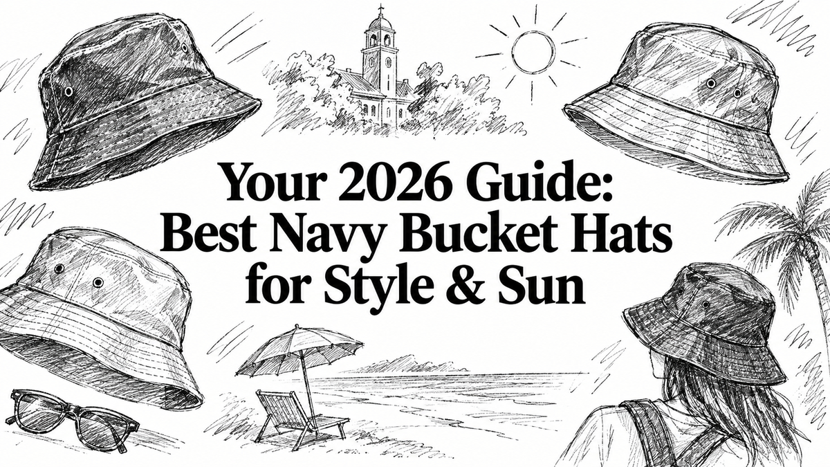 A collection of illustrated navy bucket hats surrounded by sun, palm trees, sunglasses, and a beach scene, highlighting stylish options for sun protection in 2026.