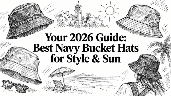A collection of illustrated navy bucket hats surrounded by sun, palm trees, sunglasses, and a beach scene, highlighting stylish options for sun protection in 2026.