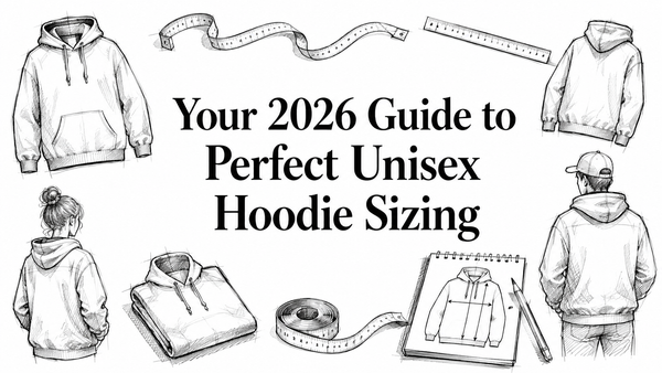 A collection of hand-drawn sketches of unisex hoodies, measuring tape, and a sketchbook, surrounding the text "Your 2026 Guide to Perfect Unisex Hoodie Sizing.
