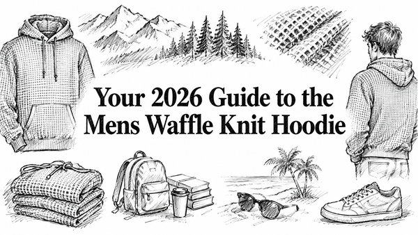 A hand-drawn illustration featuring a men's waffle knit hoodie, folded hoodies, a backpack, coffee cups, sunglasses, a beach scene with palm trees, and a mountain backdrop, all surrounding the title "Your 2026 Guide to the Mens Waffle Knit Hoodie.