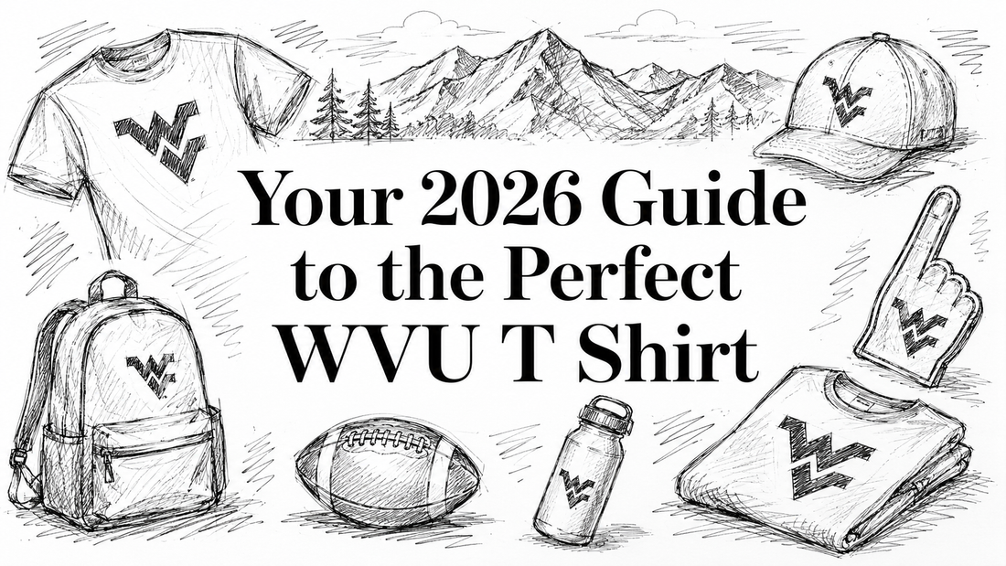 A sketch-style illustration featuring a variety of West Virginia University (WVU) merchandise, including t-shirts, a cap, a backpack, a foam finger, a football, and a water bottle, set against a mountainous backdrop.