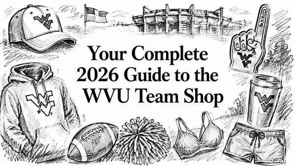 A sketch-style illustration featuring various West Virginia University (WVU) merchandise, including a cap, hoodie, football, pom-pom, foam finger, and shorts, with the text "Your Complete 2026 Guide to the WVU Team Shop" prominently displayed.