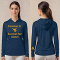 Licensed WVU Blue Cooling Performance Hooded Long Sleeve Tee (Women’s/Unisex) | “Freshman Yr. Boreman Hall Alumni” | Spring/Summer Collection | Sassy Foot Fashion