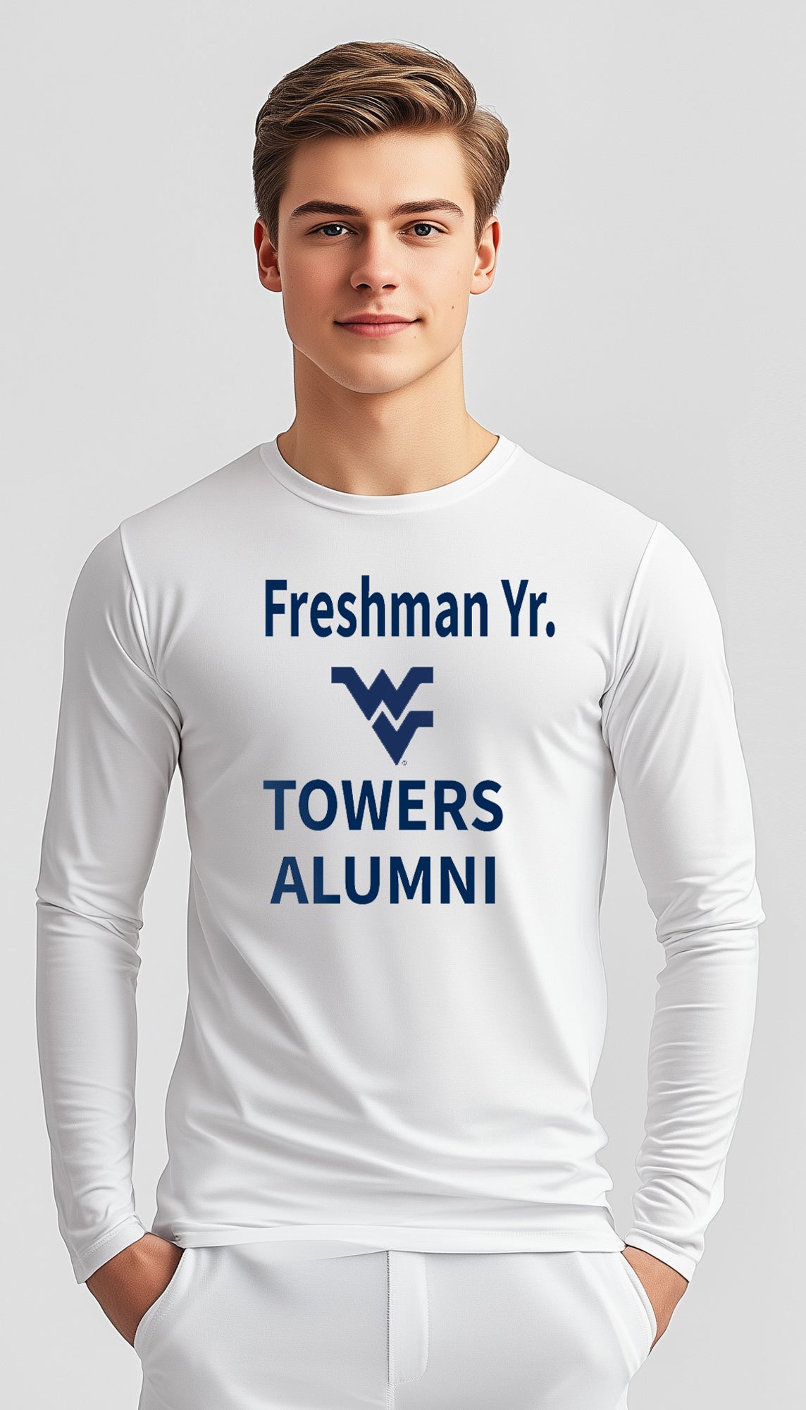Licensed Unisex WVU White | Cooling Performance Long Sleeve Tee | “Freshman Yr. Towers Alumni” by Sassy Foot Fashion