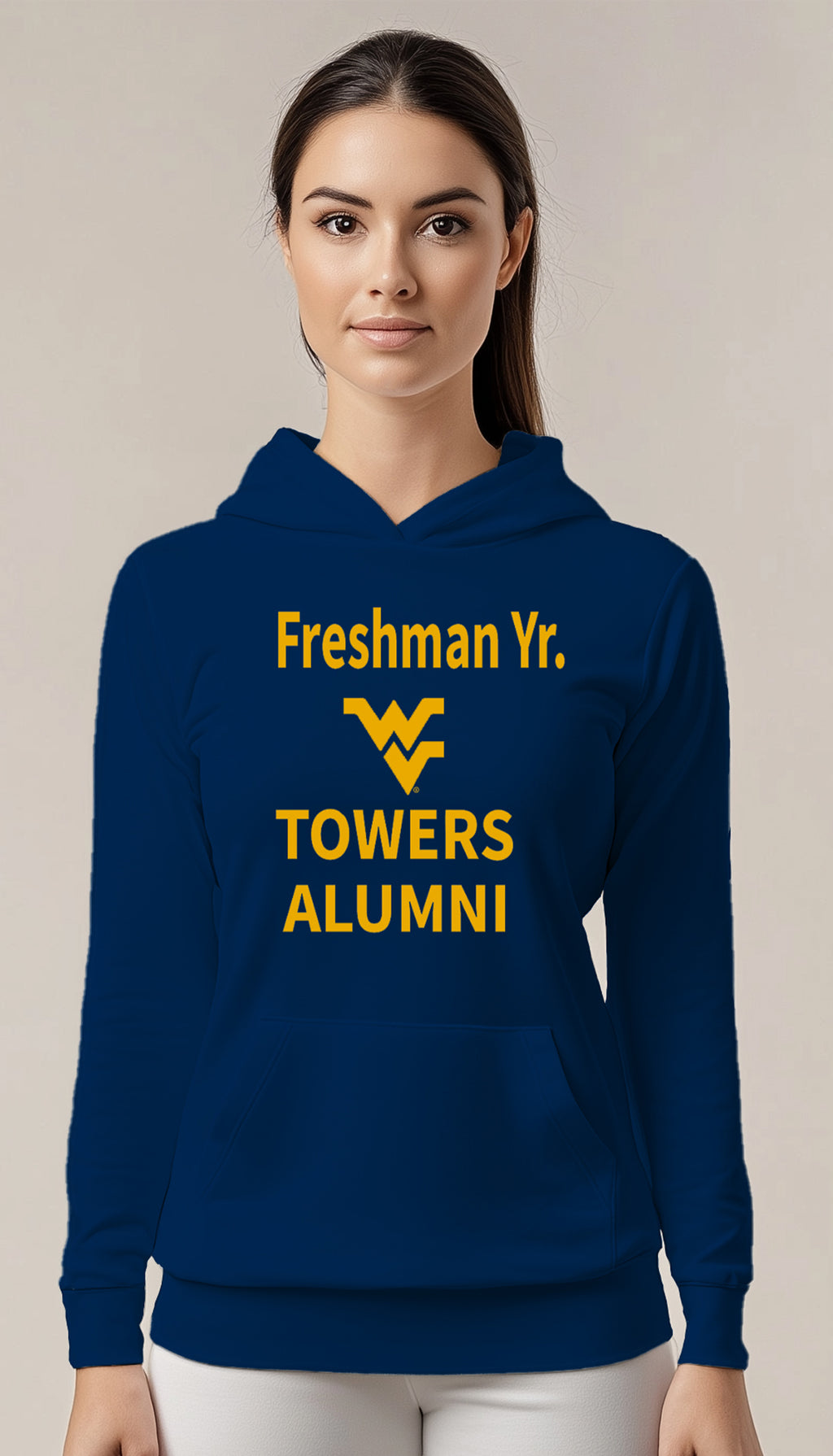 Licensed Unisex WVU Blue Hoodie | “Freshman Yr. Towers Alumni” by Sassy Foot Fashion