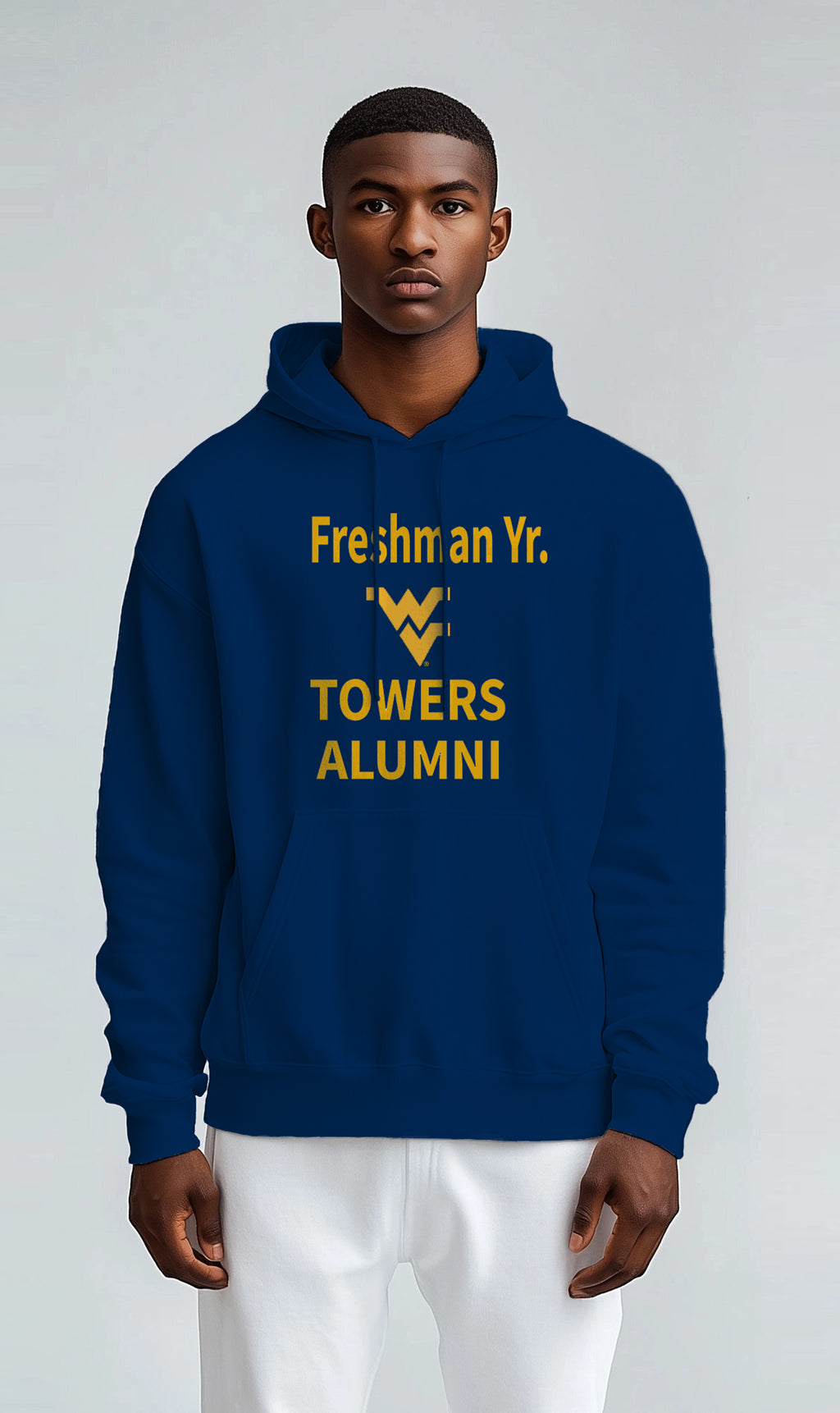 Licensed Unisex WVU Blue Hoodie | “Freshman Yr. Towers Alumni” by Sassy Foot Fashion