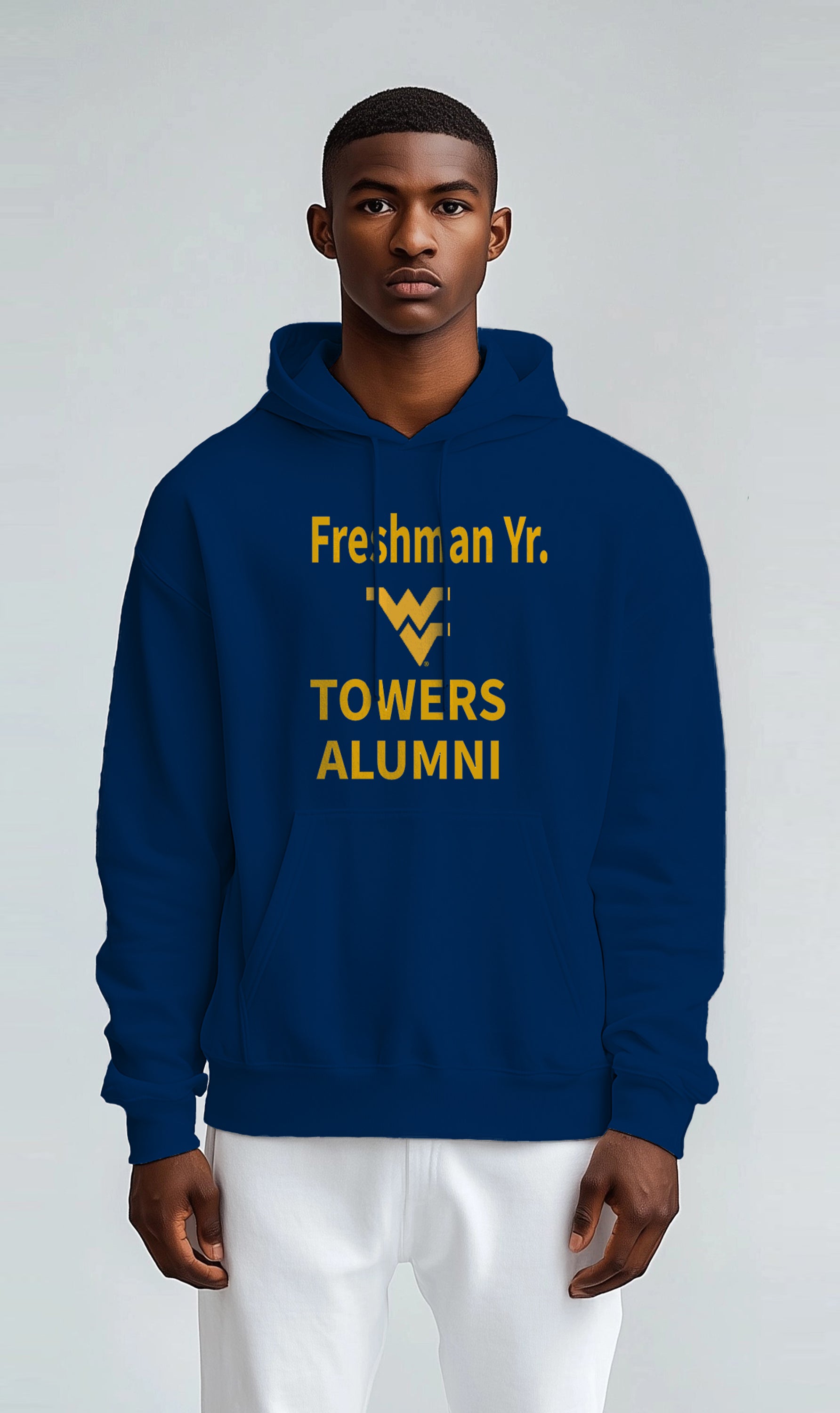 Licensed Unisex WVU Blue Hoodie | “Freshman Yr. Towers Alumni” by Sassy Foot Fashion