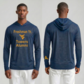 Licensed WVU Blue Cooling Performance Hooded Long Sleeve Tee (Men’s/Unisex) | “Freshman Yr. Towers Alumni” | Spring/Summer Collection | Sassy Foot Fashion