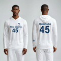 Licensed WVU White Cooling Performance Hooded Long Sleeve Tee (Men’s/Unisex) | “Maurice Robinson” | Spring/Summer Collection | Sassy Foot Fashion