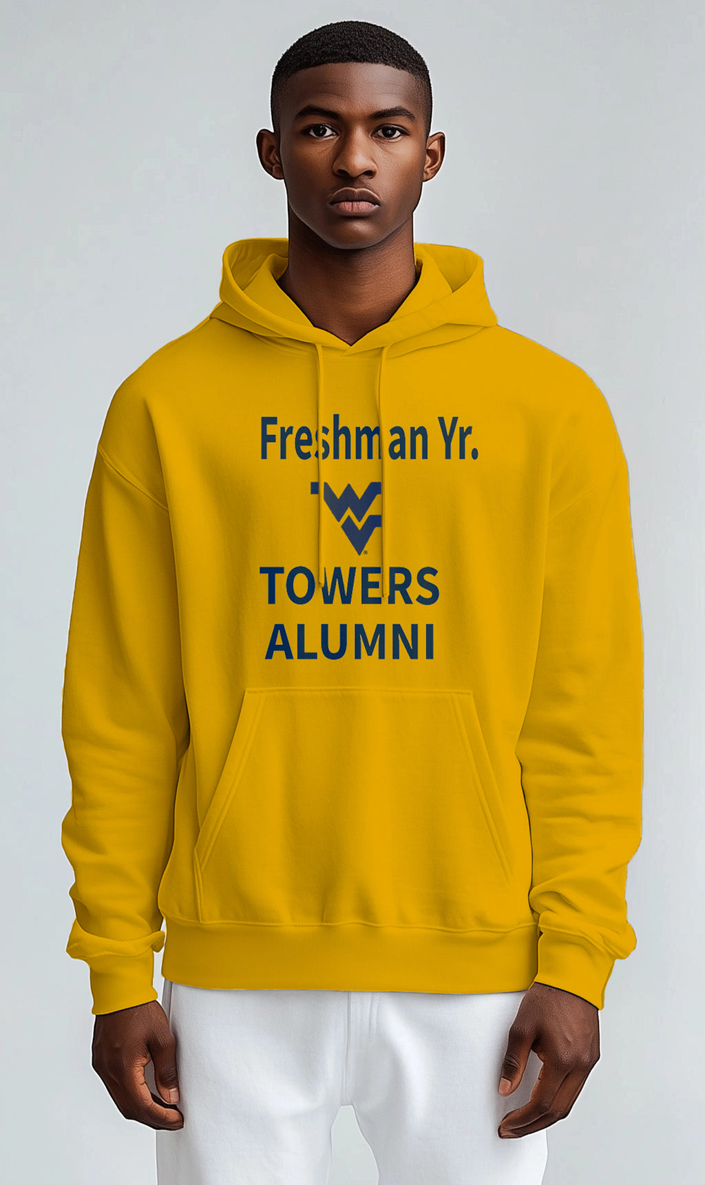 Licensed Unisex WVU Gold Hoodie | “Freshman Yr. Towers Alumni” by Sassy Foot Fashion