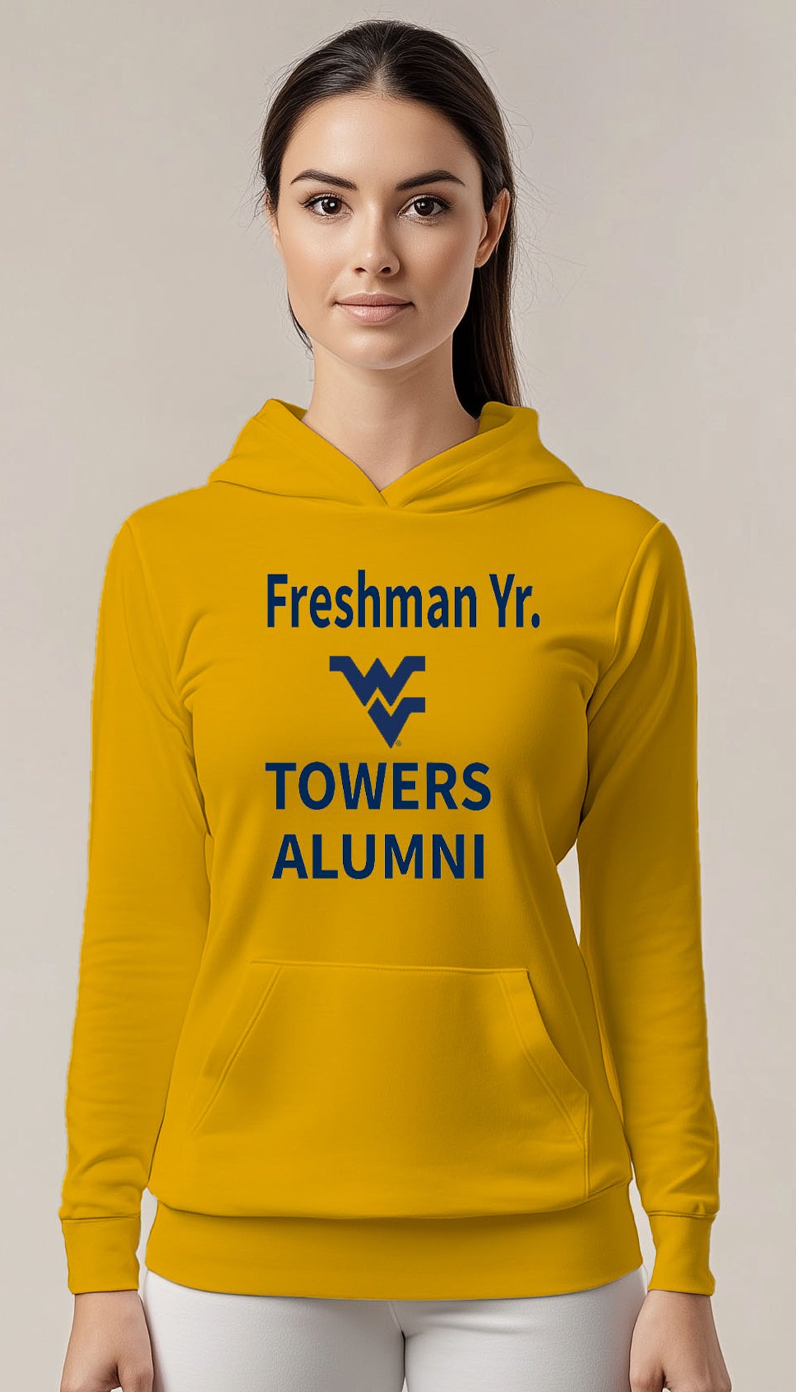 Licensed Unisex WVU Gold Hoodie | “Freshman Yr. Towers Alumni” by Sassy Foot Fashion