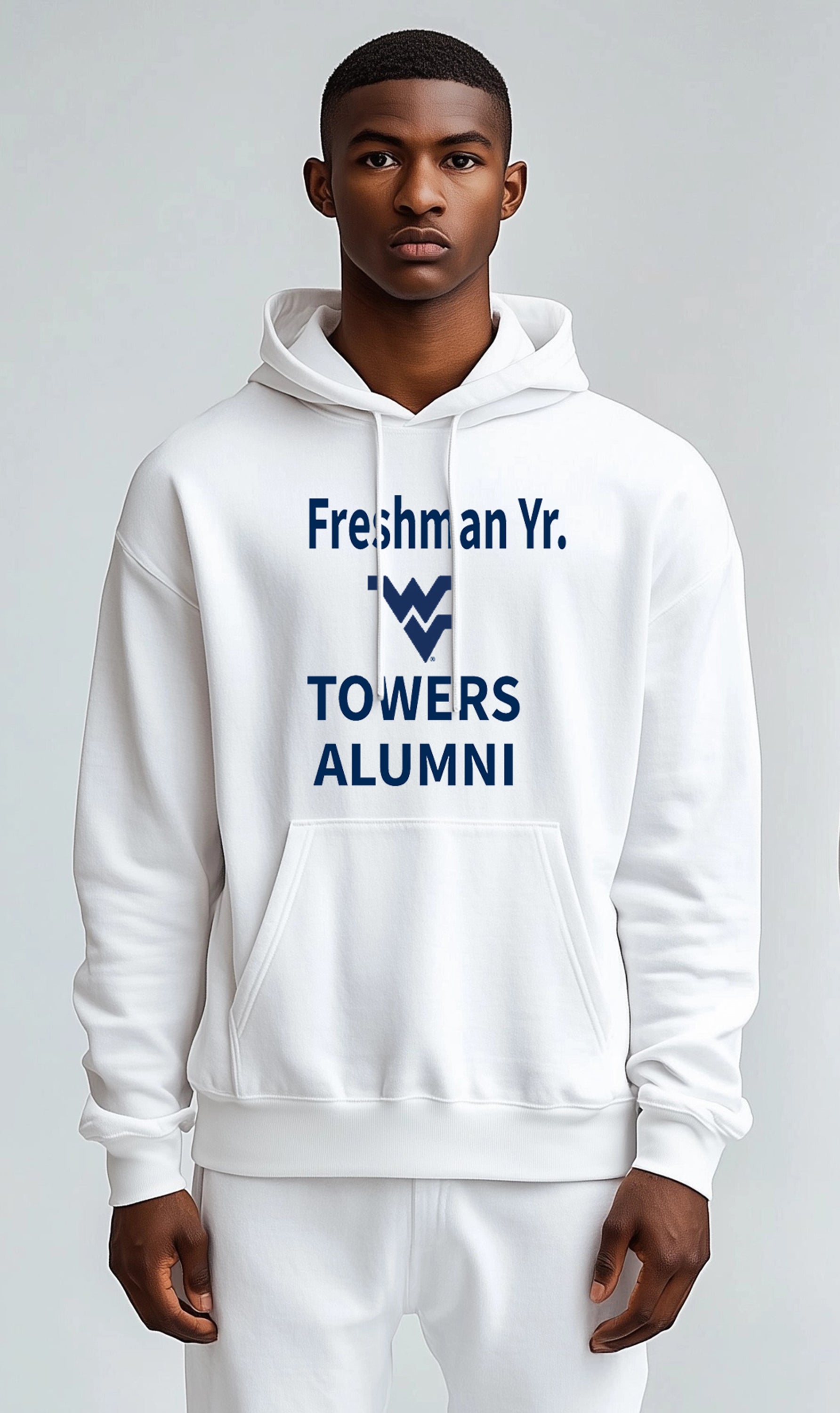 Licensed Unisex WVU White Hoodie | “Freshman Yr. Towers Alumni” by Sassy Foot Fashion