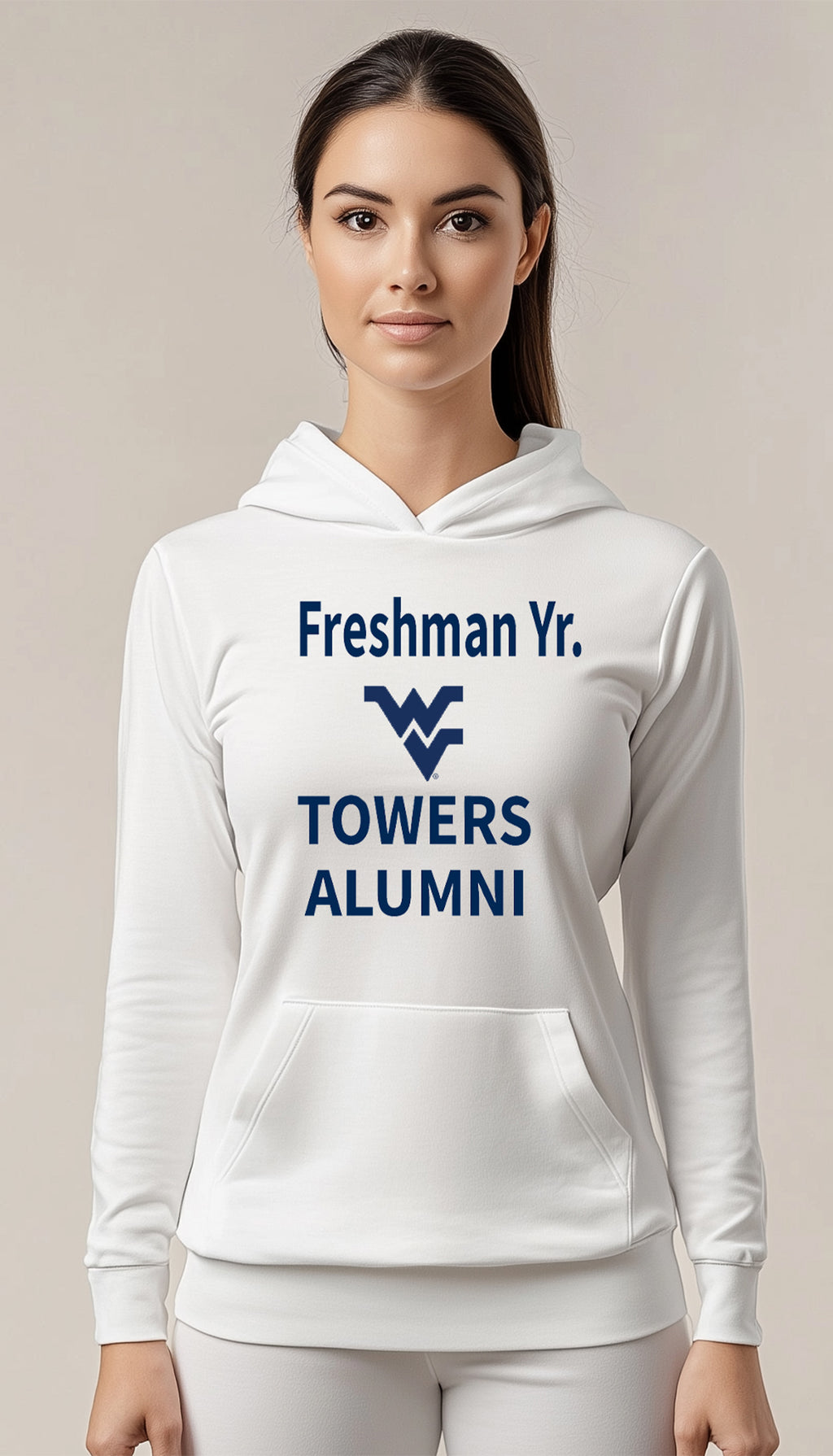 Licensed Unisex WVU White Hoodie | “Freshman Yr. Towers Alumni” by Sassy Foot Fashion