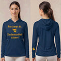 Licensed WVU Blue Cooling Performance Hooded Long Sleeve Tee (Women’s/Unisex) | “Freshman Yr. Dadisman Hall Alumni” | Spring/Summer Collection | Sassy Foot Fashion