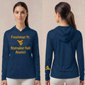 Licensed WVU Blue Cooling Performance Hooded Long Sleeve Tee (Women’s/Unisex) | “Freshman Yr. Stalnaker Hall Alumni” | Spring/Summer Collection | Sassy Foot Fashion
