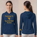 Licensed WVU Blue Cooling Performance Hooded Long Sleeve Tee (Women’s/Unisex) | “Freshman Yr. Summit Hall Alumni” | Spring/Summer Collection | Sassy Foot Fashion