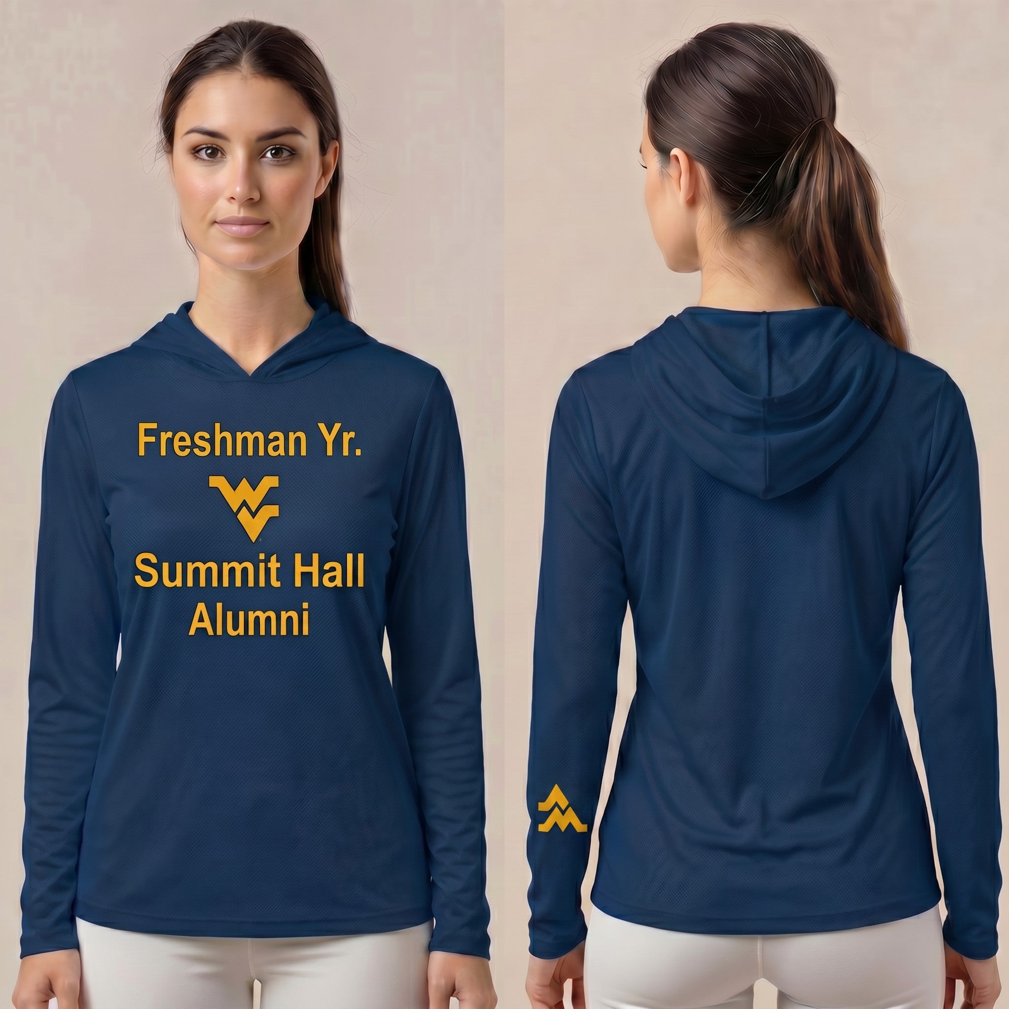 Licensed WVU Blue Cooling Performance Hooded Long Sleeve Tee (Women’s/Unisex) | “Freshman Yr. Summit Hall Alumni” | Spring/Summer Collection | Sassy Foot Fashion