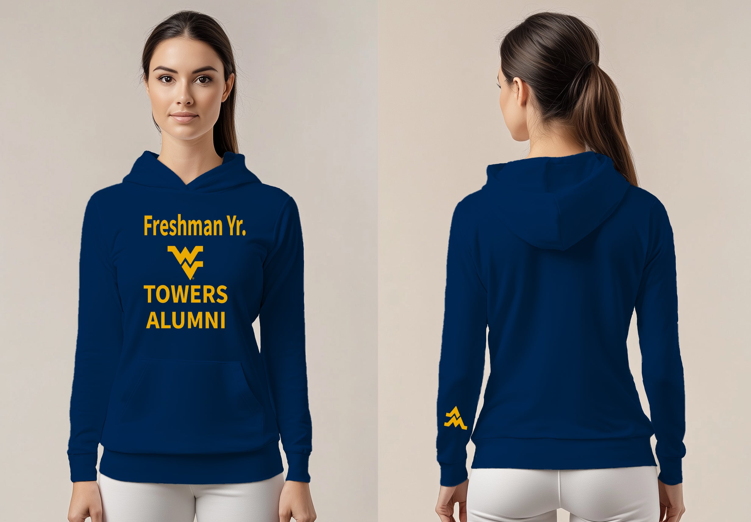 Licensed Unisex WVU Blue Hoodie | “Freshman Yr. Towers Alumni” by Sassy Foot Fashion