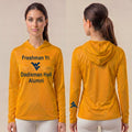 Licensed WVU Gold Cooling Performance Hooded Long Sleeve Tee (Women’s/Unisex) | “Freshman Yr. Dadisman Hall Alumni” | Spring/Summer Collection | Sassy Foot Fashion