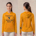Licensed WVU Gold Cooling Performance Hooded Long Sleeve Tee (Women’s/Unisex) | “Freshman Yr. Summit Hall Alumni” | Spring/Summer Collection | Sassy Foot Fashion