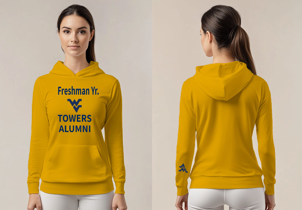 Licensed Unisex WVU Gold Hoodie | “Freshman Yr. Towers Alumni” by Sassy Foot Fashion