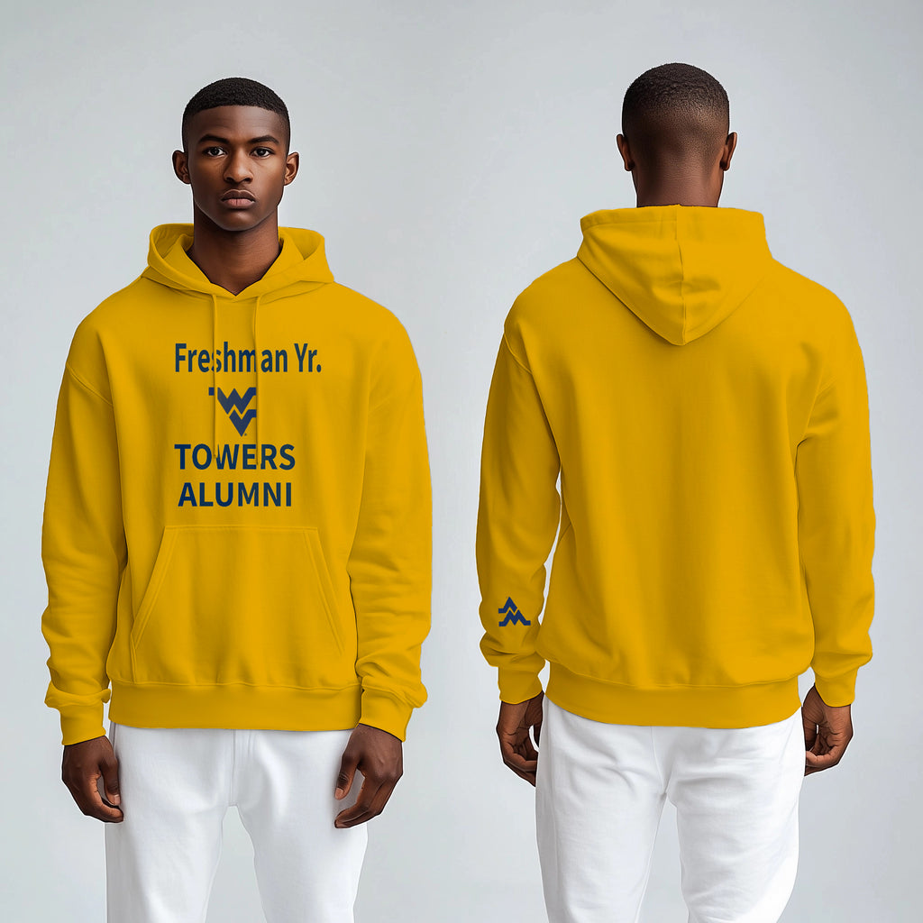 Licensed Unisex WVU Gold Hoodie | “Freshman Yr. Towers Alumni” by Sassy Foot Fashion