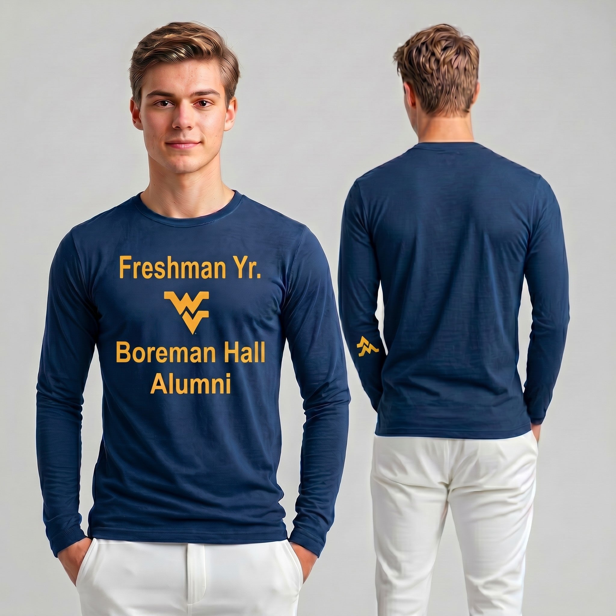 Licensed Men's/Unisex WVU Blue | Cooling Performance Long Sleeve Tee | “Freshman Yr. Boreman Hall Alumni” by Sassy Foot Fashion