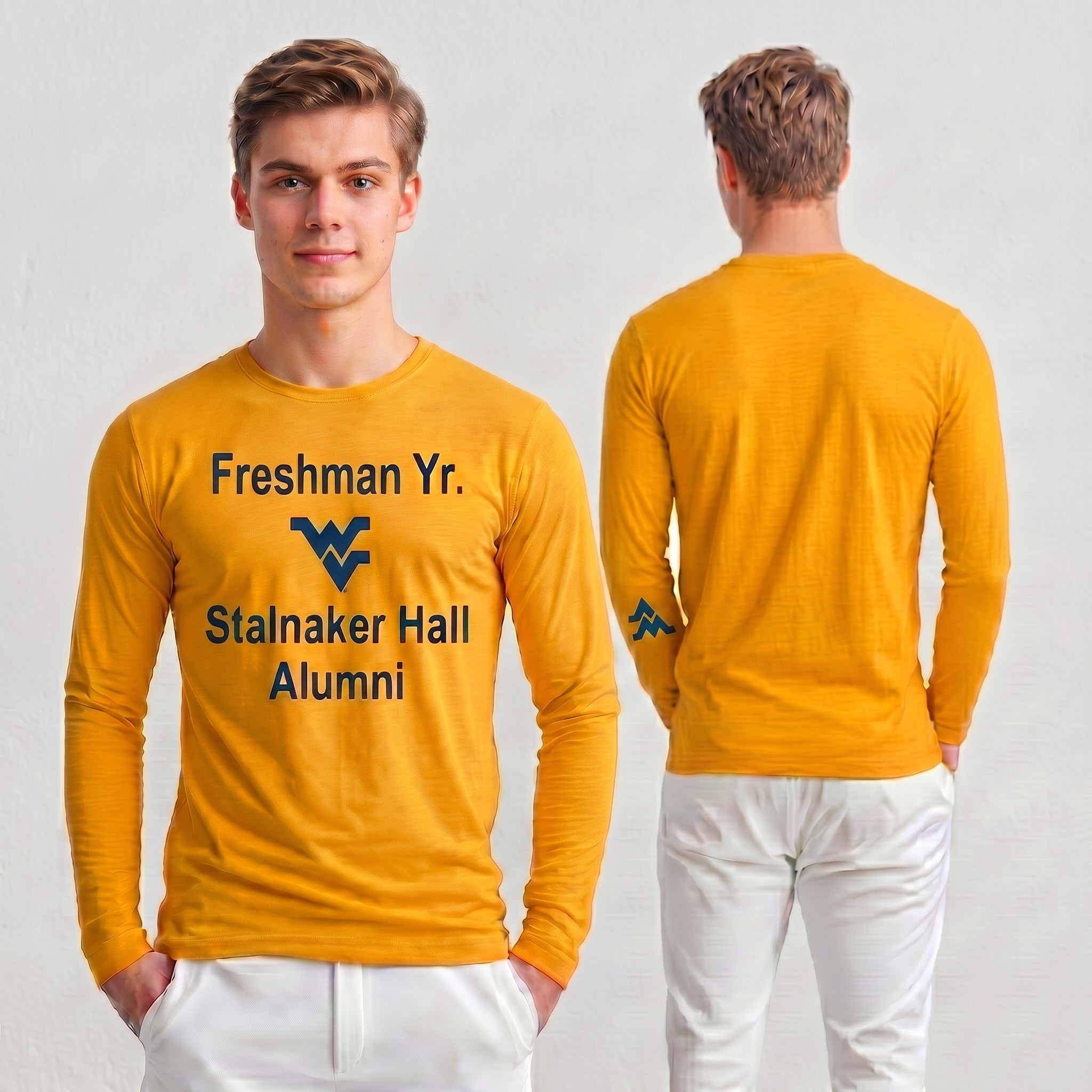 Licensed Men's/Unisex WVU Gold | Cooling Performance Long Sleeve Tee | “Freshman Yr. Stalnaker Hall Alumni” by Sassy Foot Fashion