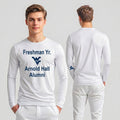 Licensed Men's/Unisex WVU White | Cooling Performance Long Sleeve Tee | “Freshman Yr. Arnold Hall Alumni” by Sassy Foot Fashion