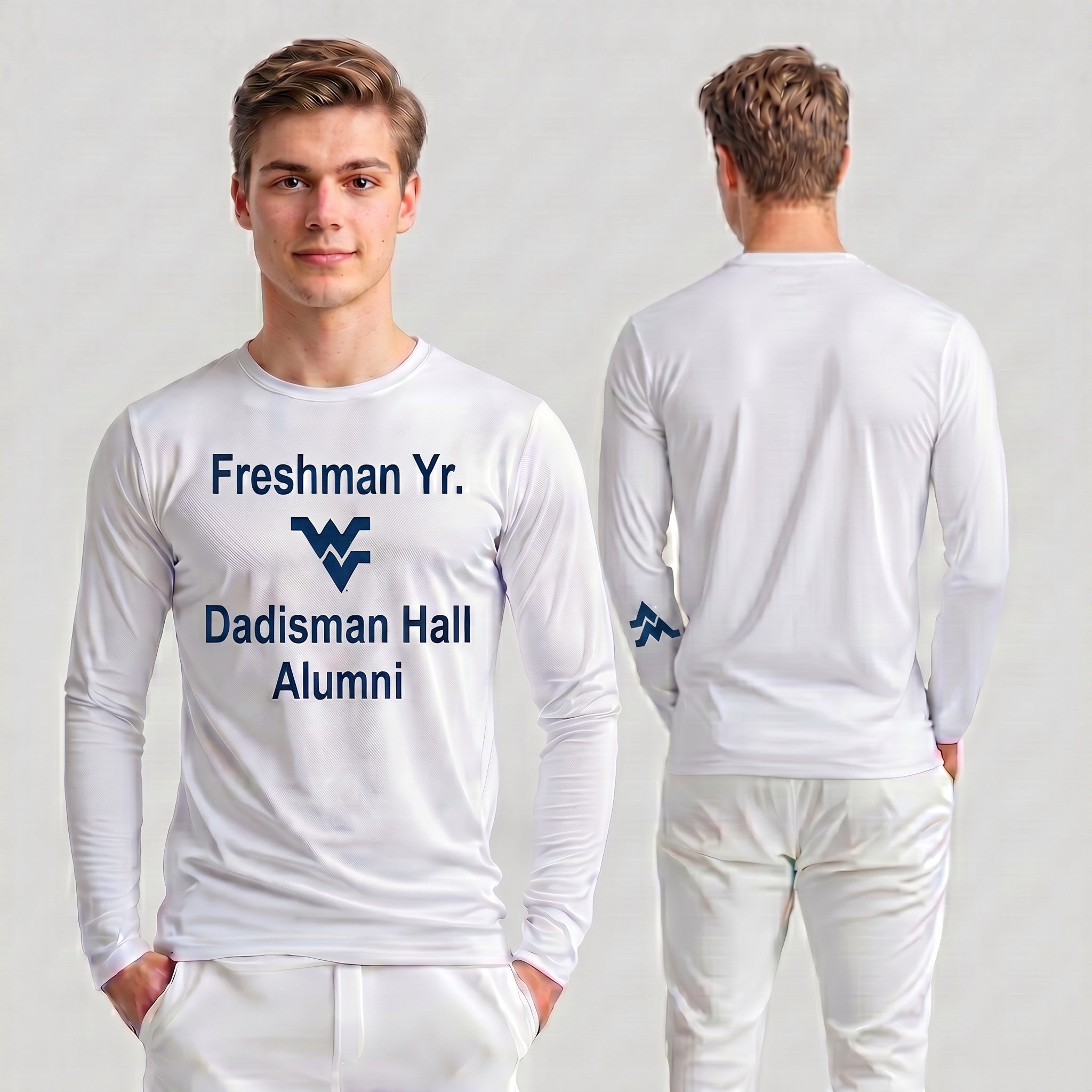 Licensed Men's/Unisex WVU White | Cooling Performance Long Sleeve Tee | “Freshman Yr. Dadisman Hall Alumni” by Sassy Foot Fashion