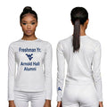 Licensed Women's WVU White | Cooling Performance Long Sleeve Tee | “Freshman Yr. Arnold Hall Alumni” by Sassy Foot Fashion